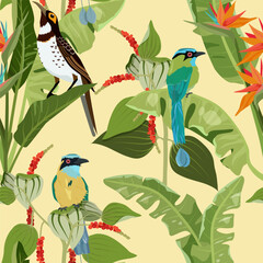 Beautiful tropical leaves, flowers, and birds in a seamless vector illustration. Perfect for decorating textiles, packaging, or wallpaper.