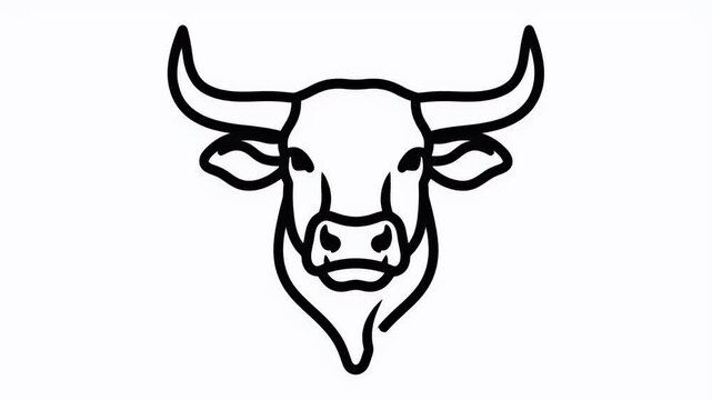 Minimalist 2D line art animation, Powerful strokes self-drawing a bull head outline icon