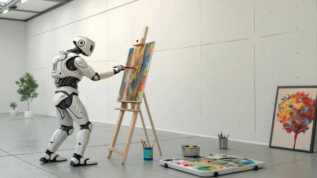 Robot artist painting on easel in studio, cinematic motion, stock footage