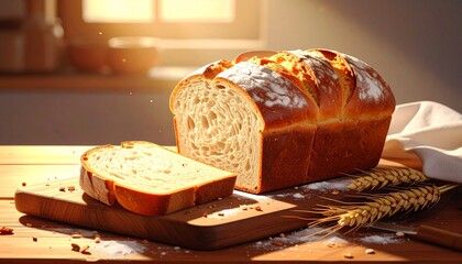Freshly Baked Loaf of Bread with a Slice on a Wooden Board, Wheat Stalks.