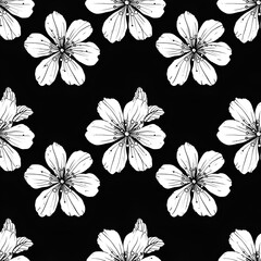 black and white seamless pattern floral background. seamless pattern Japanese white cherry blossom flowers on black background