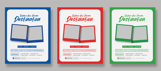 Travel Agency Destination Flyer Template With Photo Frames And Service Details, Promotion Poster, Social Media Post
