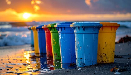 Colorful plastic buckets in gradient row on sandy beach—vibrant contrast with sky and natural cliffs.