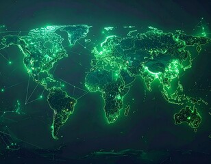 Global Network Visualization - Illuminated World Map Depicting Digital Connectivity and Data Flow.