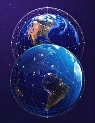 Global Network Visualization - Two Earths Interconnected with Digital Lines and Dots.