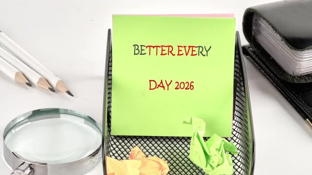 The phrase BETTER EVERY DAY 2026 appears on a light green sticky note in stages, accompanied by office supplies on a white surface