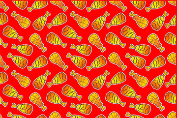 Fried chicken seamless pattern background. Fried chicken thigh pattern. Cartoon fried chicken pattern background. Fast food pattern background.