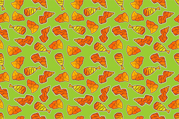 Fried chicken seamless pattern background. Fried chicken wings, thighs and chest pattern. Cartoon fried chicken pattern background. Fast food pattern background.