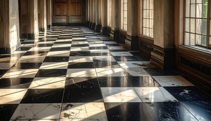 Elegant corridor with checkered marble floor—tall columns and natural light enhance symmetry and depth.