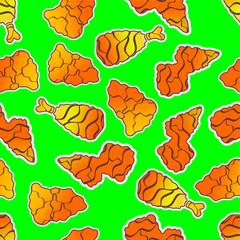 Fried chicken seamless pattern background. Fried chicken wings, thighs and chest pattern. Cartoon fried chicken pattern background. Fast food pattern background.