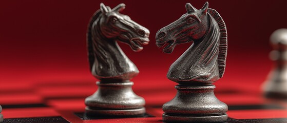 A tactical game setting featuring a pair of chess knights on a bright red surface