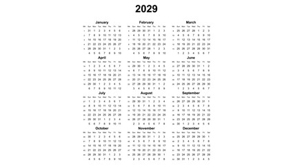2029 year english vector calendar with week numbers