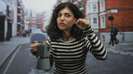 Young arab woman holds coffeemaker with raised hand and mild grimace on street, city buildings...