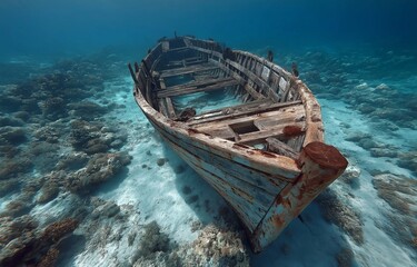 Silently, a wreckage lies on the ocean floor.