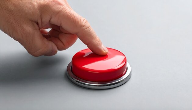 A hand pressing a red button on a gray surface