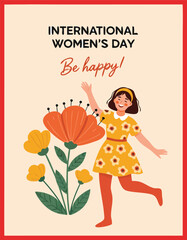 Vector Art of Happy Woman in Yellow Dress Celebrating Women&rsquo;s Day 