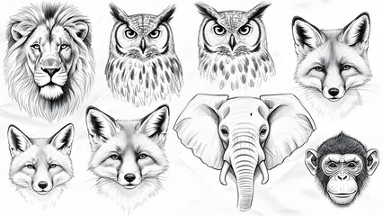 Digital illustration of animal faces including lion, owls, foxes, elephant, and monkey in black and white on a plain background.