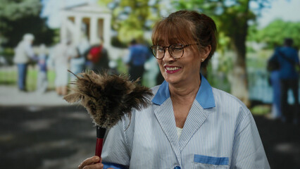 Senior hispanic woman cleaner with a feather duster smiling in an outdoor park setting, suggesting...