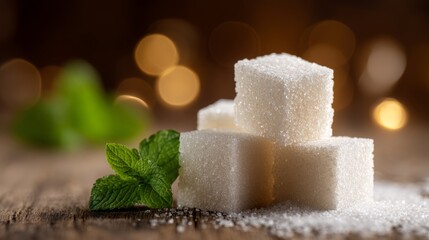 Fresh sugar cubes with mint leaves on wooden table. Perfect for culinary references, sweet recipes, and beverage presentations. Bright bokeh creates a warm atmosphere for food photography.