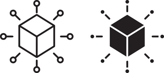 Minimal line and solid style cube icon with connected nodes,abstract geometric cube, minimalist, low poly,  symmetrical, modern, simple, minimali