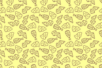 Doodle fried chicken seamless pattern background. Fried chicken  thigh, chest and wing doodle pattern. Doodle fried chicken thigh pattern background. Fast food doodle pattern background.