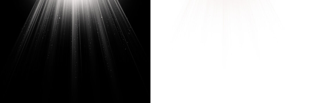 Dramatic White Light Rays Shining Down. Abstract Divine Light Beams from Above. Spotlight Light Rays Falling from Top