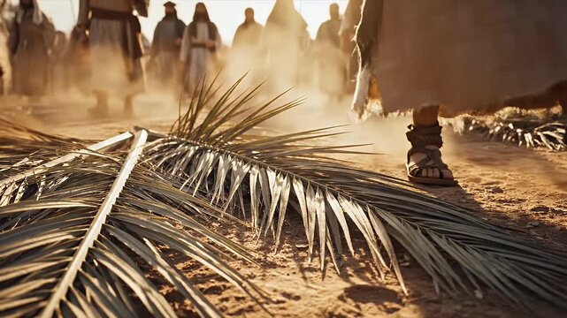Biblical scene, Palm branches laid out on dusty ground path with blurred background suggesting ancient road for Palm Sunday procession