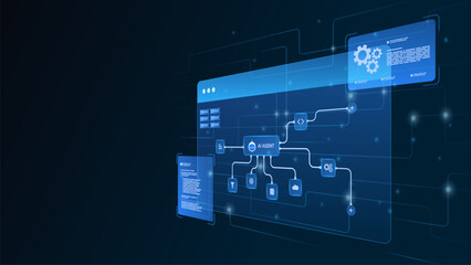 AI workflow automation artificial intelligence. ai agent workflow diagram dashboard machine learning showing input, cloud and database connections, modular automation steps.