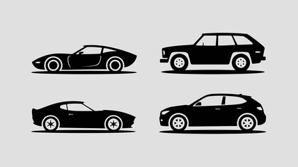 Fototapeta premium a minimalist depiction of four distinct automobile silhouettes in black showcasing a sports car station wagon coupe and suv design high quality professional detailed modern elegant