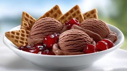 Three scoops of chocolate ice cream served with cherries and waffle pieces in a bowl at a sunny location