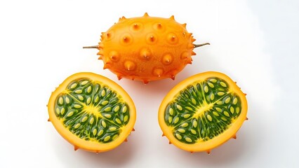 Kiwano Horned Melon fruit isolated on white background, whole and halved