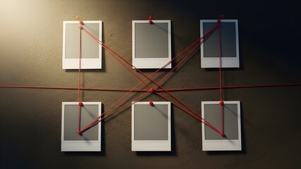 A creative arrangement of Polaroid photos connected by red strings on a dark background