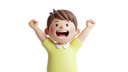 Excited 3D Cartoon Boy with Arms Raised