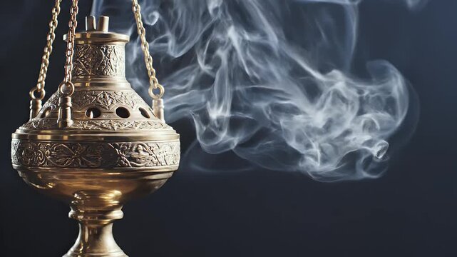 Solemn Orthodox Lent background, Swinging brass censer with gentle incense smoke on dark blue gradient with copy space