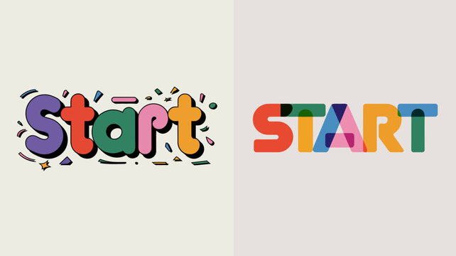 A visual comparison featuring the word start designed in two distinct styles one colorful and illustrated and the other bold and solid high quality professional detailed
