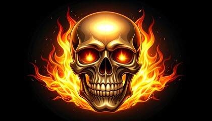 A digital illustration of a skull with glowing red eyes surrounded by flames