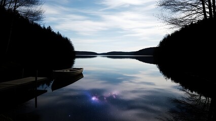 A serene lake scene with a small boat docked at a wooden pier under a cloudy sky
