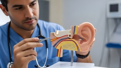 A medical professional examining an ear model with a tool in a clinical setting.