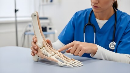 A medical professional examining a model of the human foot in a clinical setting.