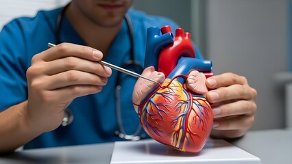 A medical professional examining a detailed heart model with a precision instrument in a clinical setting.