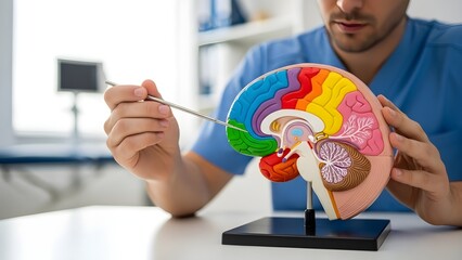 A medical professional examining a detailed model of the human brain in a clinical setting.