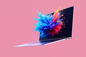 Slim Modern Laptop with Vibrant Multi-Color Paint Bursting Out of the Display