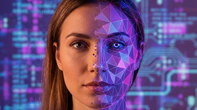 Conceptual Portrait of Woman Face Transitioning to Low Poly Digital Style - Metaverse and Identity Concept