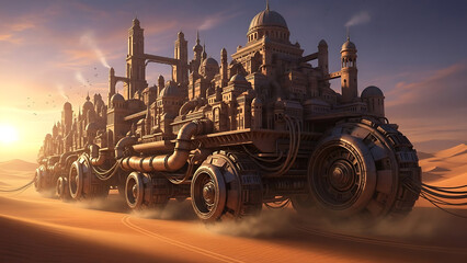 Steampunk city on wheels travels through desert at sunset