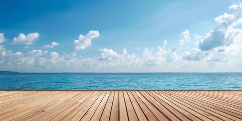Wooden boardwalk deck perspective view overlooking calm sea water horizon at day