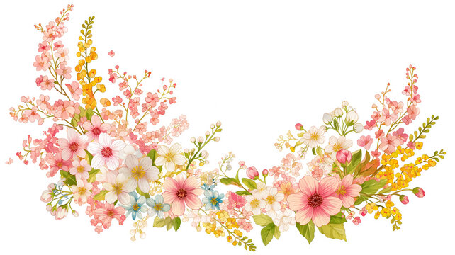 春の花々が彩るフレーム素材 花輪 背景 白バック シンプル ナチュラル イラスト デザイン素材 かわいい 丸型 飾り枠 春らしさ 桜風 優しい雰囲気