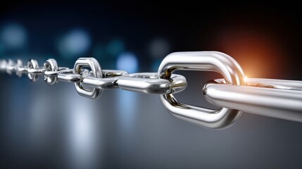 Close view of metal links in a chain on a dark background with light reflections showing details and texture