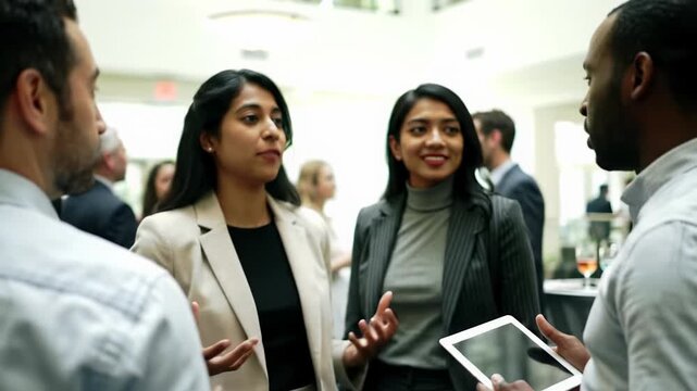 Diverse professionals in business-casual attire network at a modern upscale event, conversing and connecting with soft, warm lighting and shallow depth of field. Concept of corporate success and
