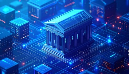 Digital bank on circuit board—glowing blue neoclassical structure fused with fintech motherboard grid.