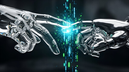Two robotic hands, one transparent and one metallic, touch fingertips with a glowing digital spark, illustrating the union of two AI concept and technological connection